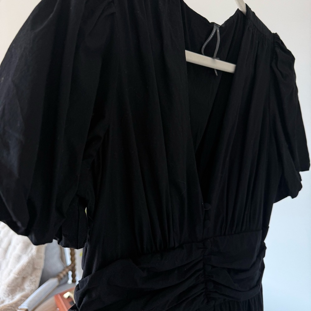 Anthro Somerset Black Midi Dress M Puff Sleeve Ruched Waist - Picture 6 of 7